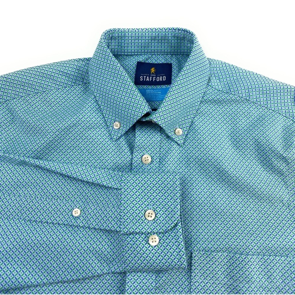 Stafford Men's Blue Green Geometric Button Down Shirt Slim Fit Large Coolmax